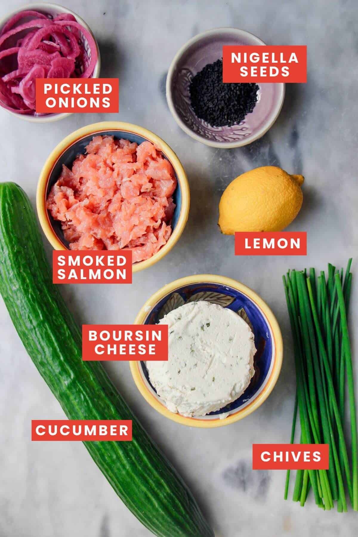 Ingredients for smoked salmon bites laid out and labelled.