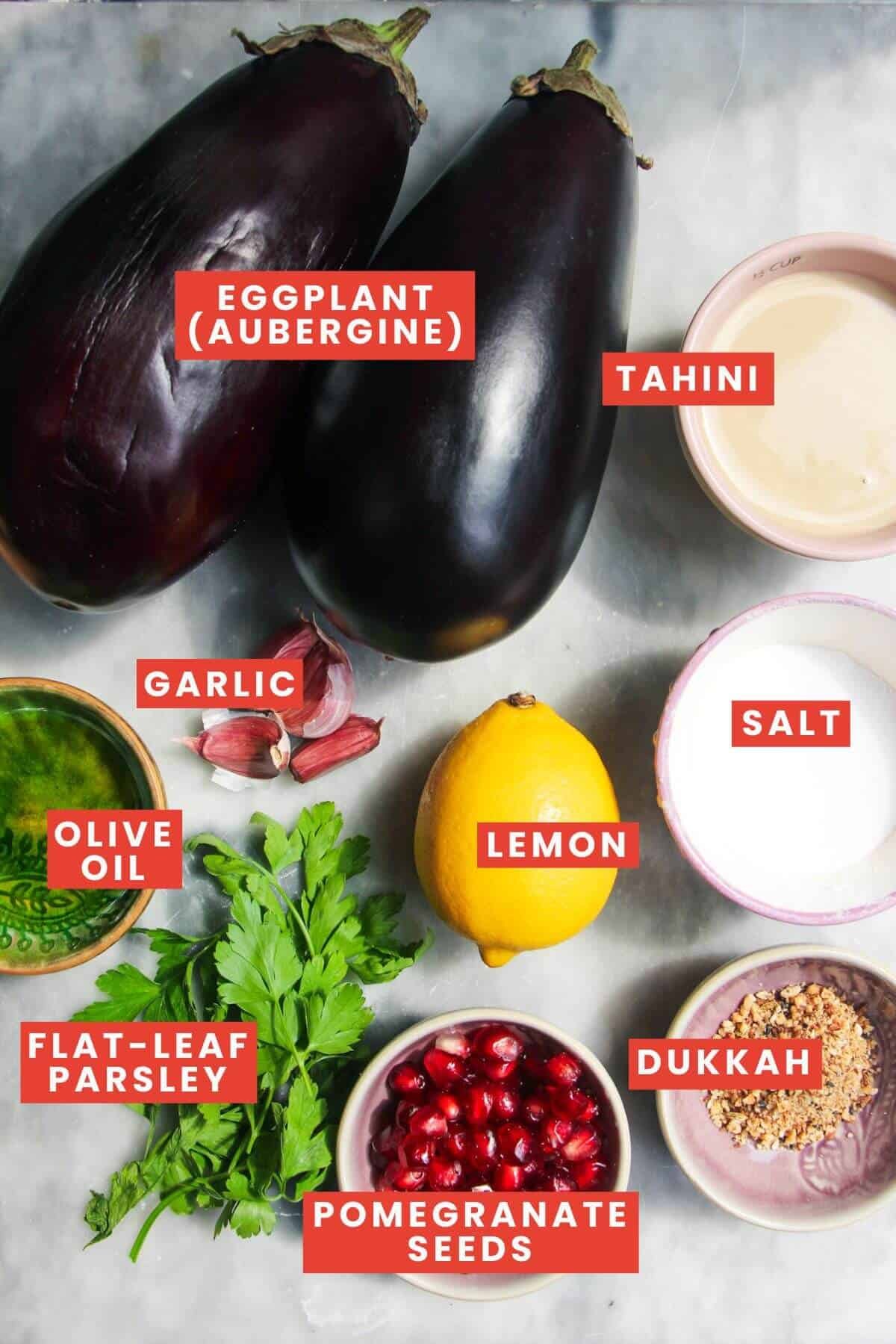 Ingredients for smoky eggplant dip laid out on a grey marble background and labelled.