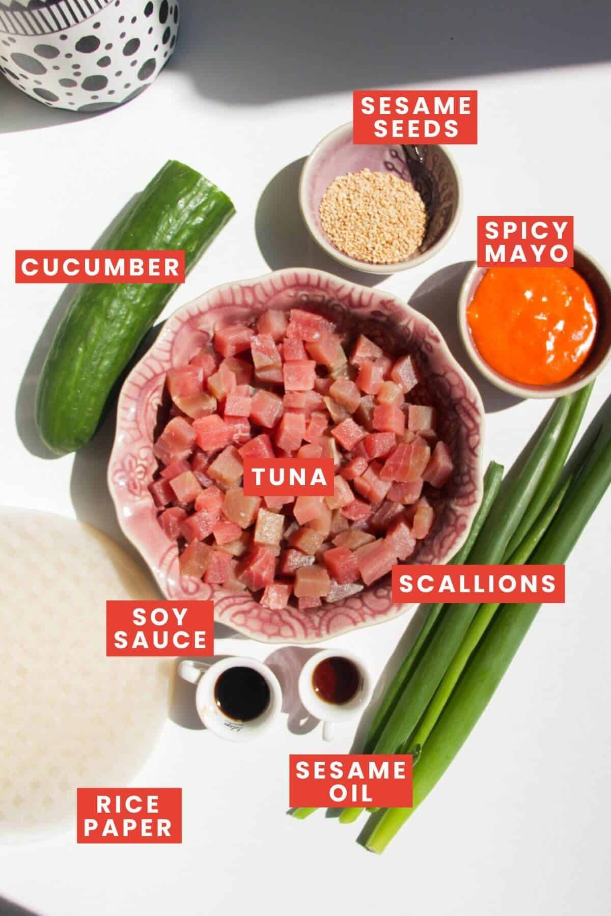 Ingredients for spicy tuna rice paper cups laid out and labelled.