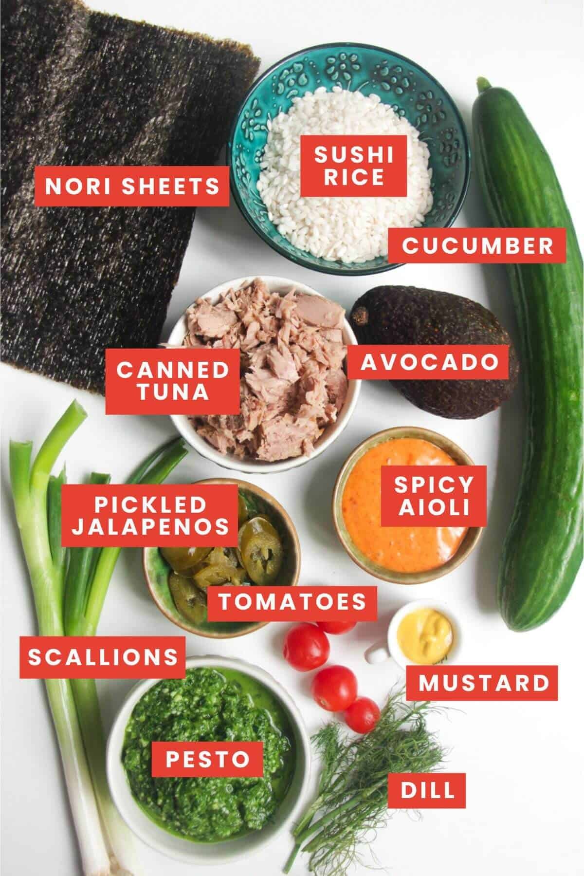 Ingredients for spicy tunacado sushi burritos laid out and labelled.