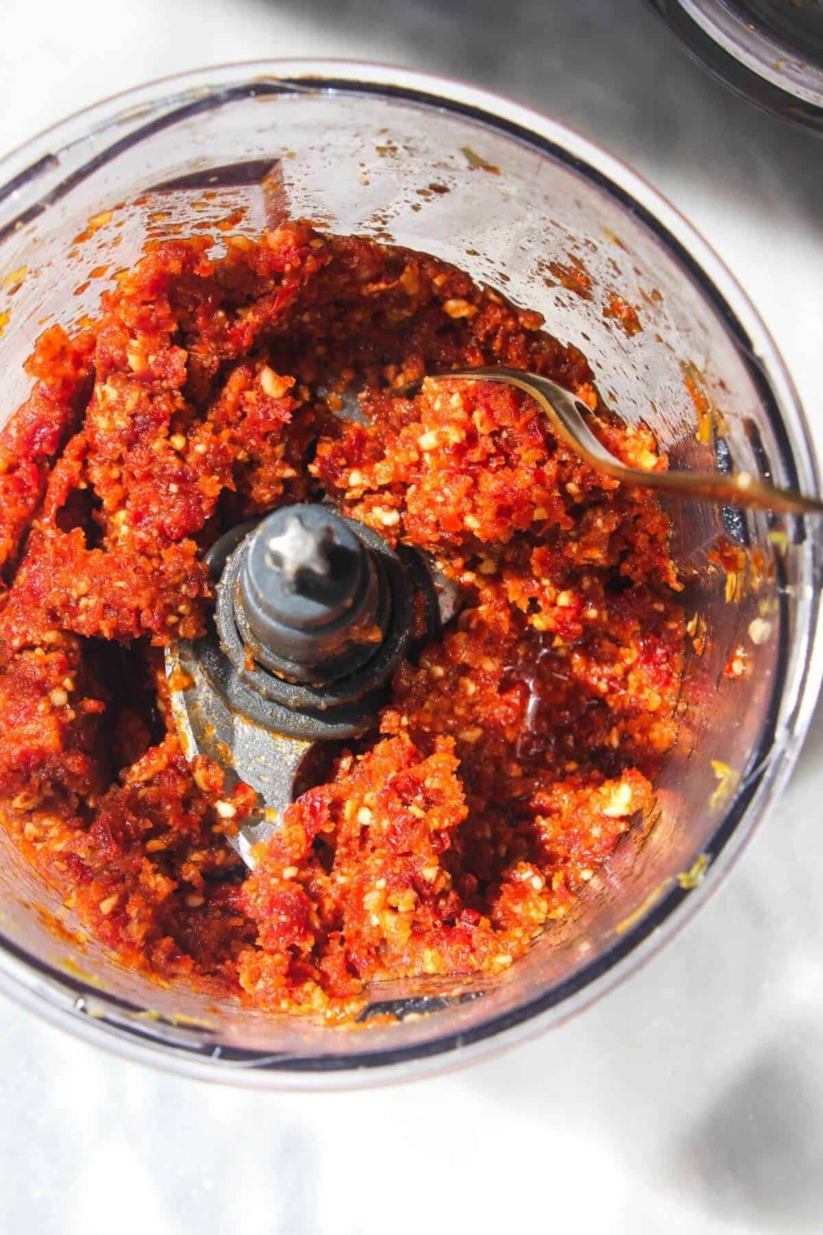 Sun dried tomato pesto blended in a small food chopper.