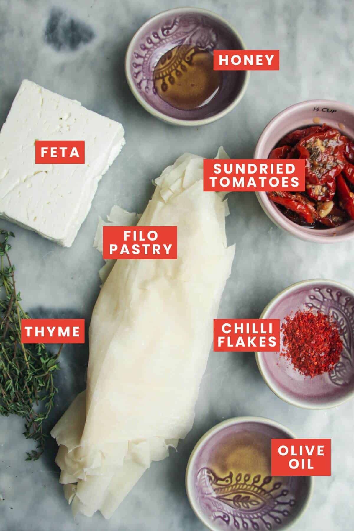 Ingredients for sundried tomato feta filo cups.