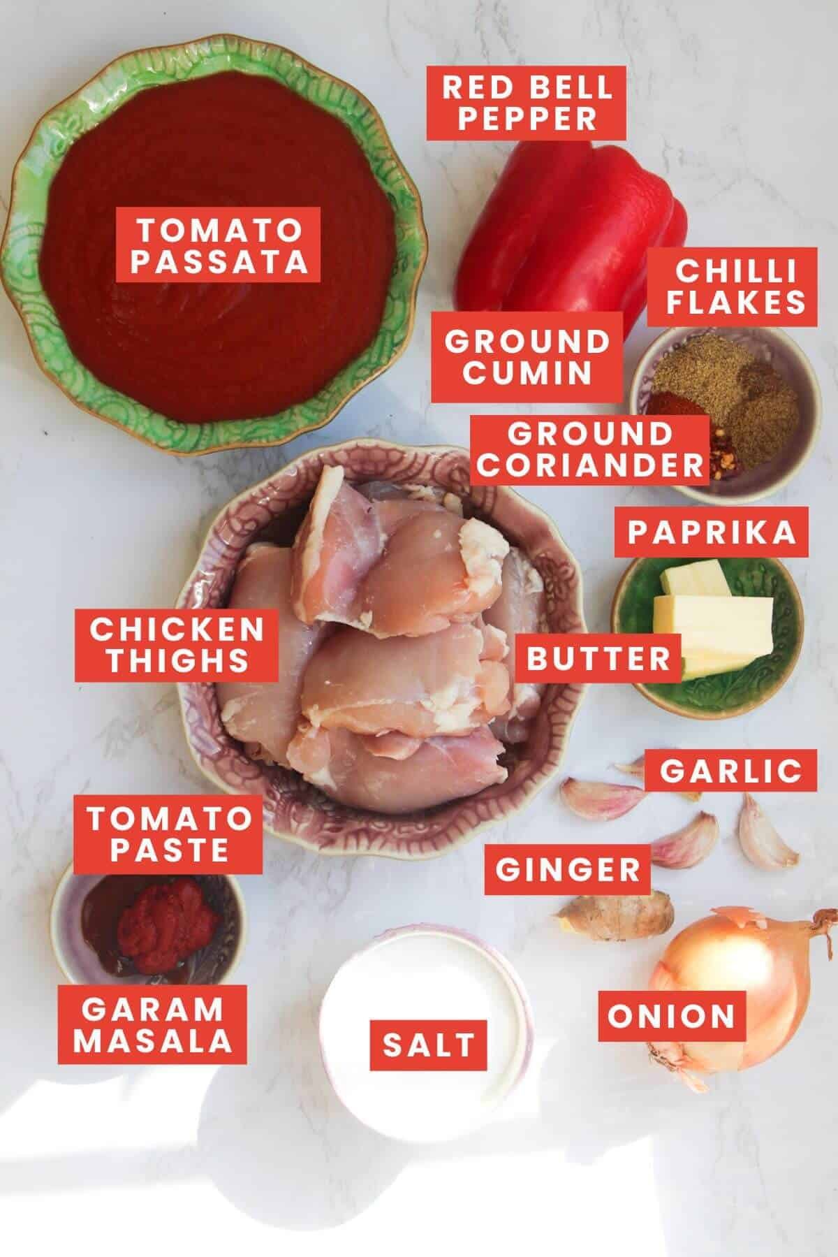 Ingredients for chicken jalfrezi laid out and labelled.