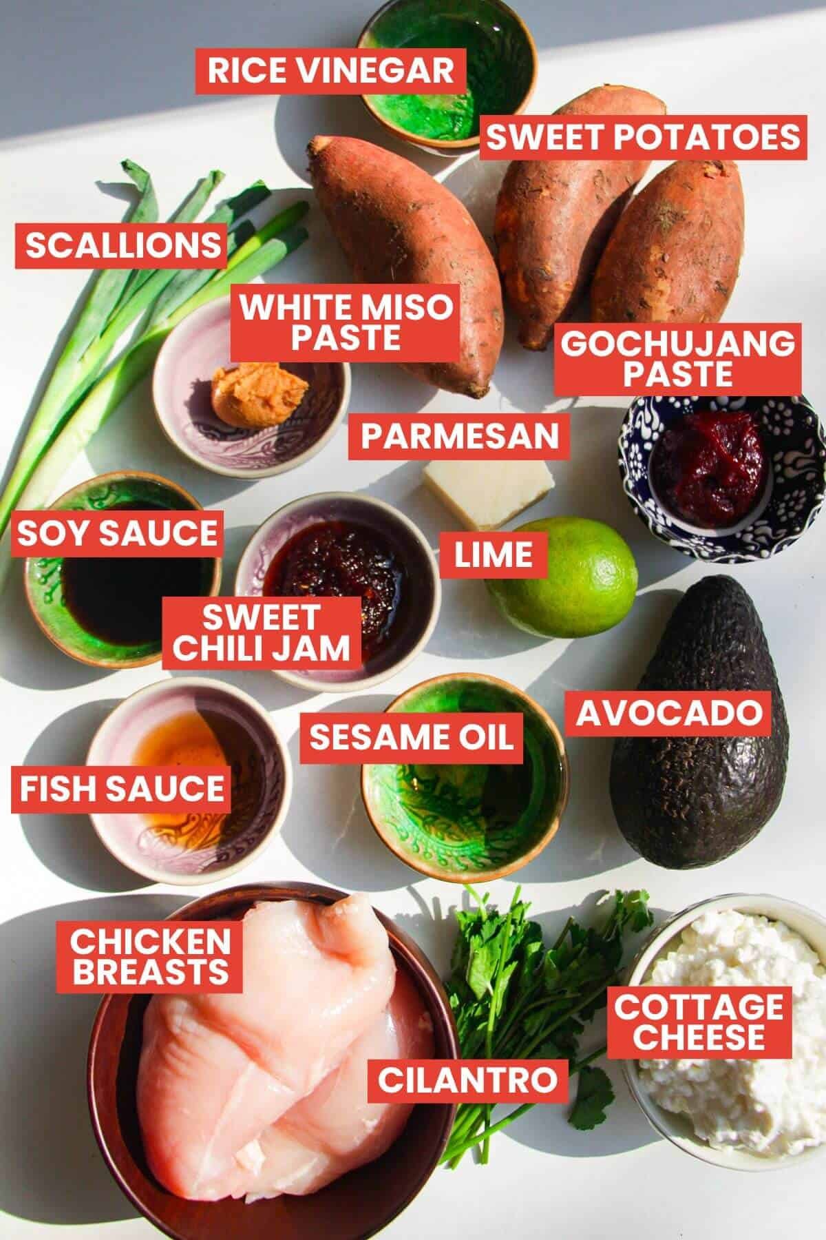 Ingredients for chicken power bowls laid out and labelled.