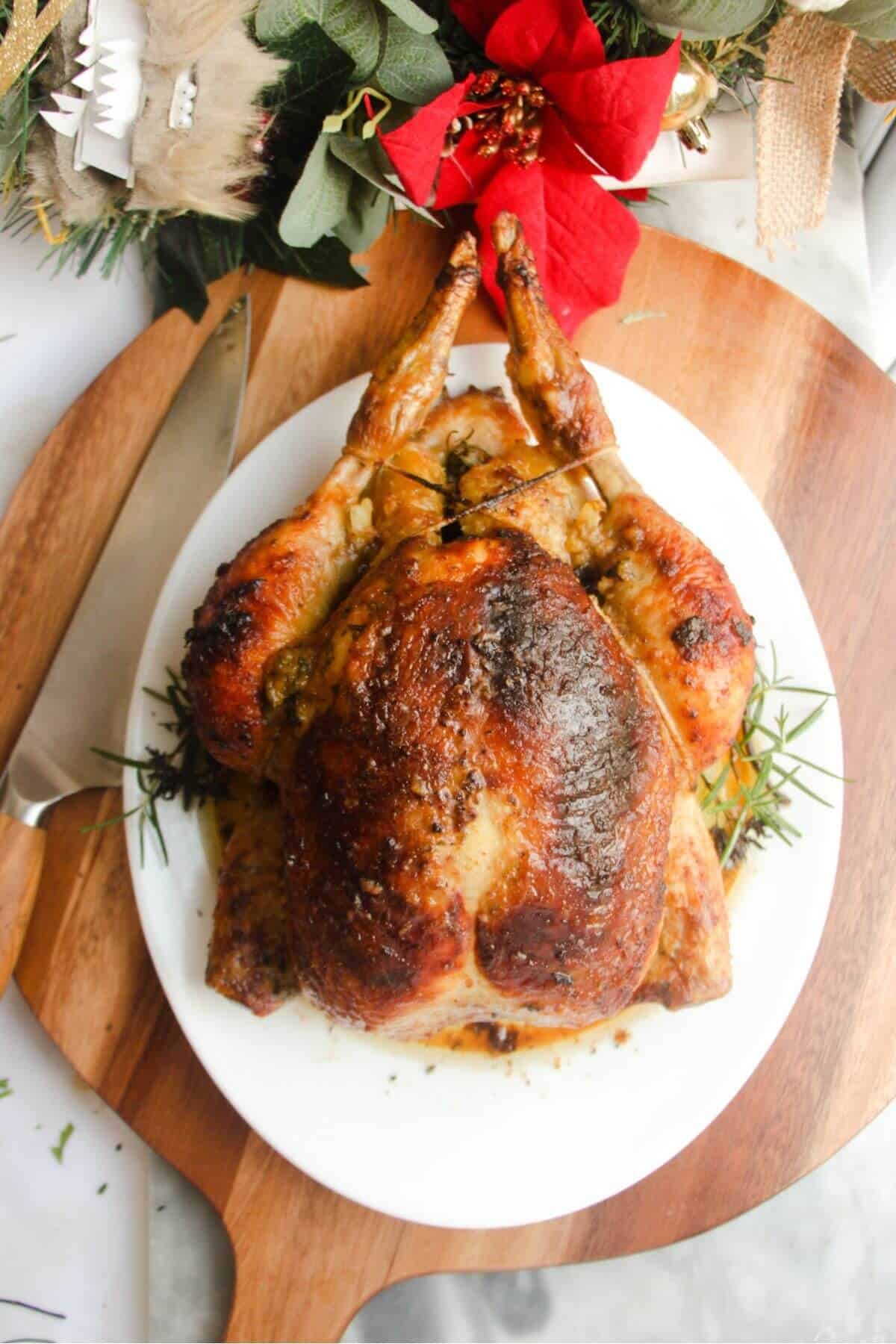 Close up view of golden brown roasted chicken on a white oval plat.