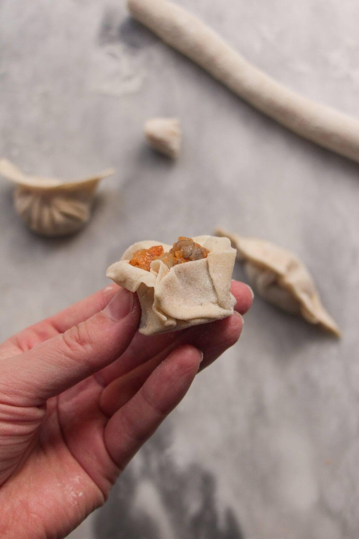 Hand holding folded dumpling, side view.