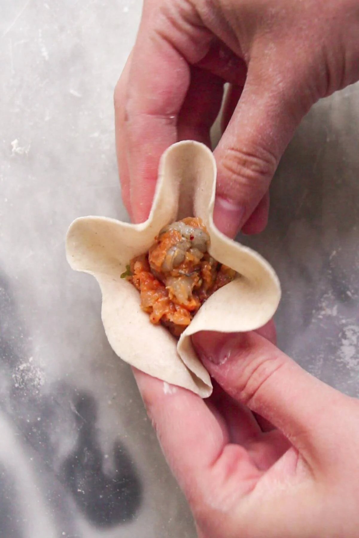 Hands folding a dumpling.