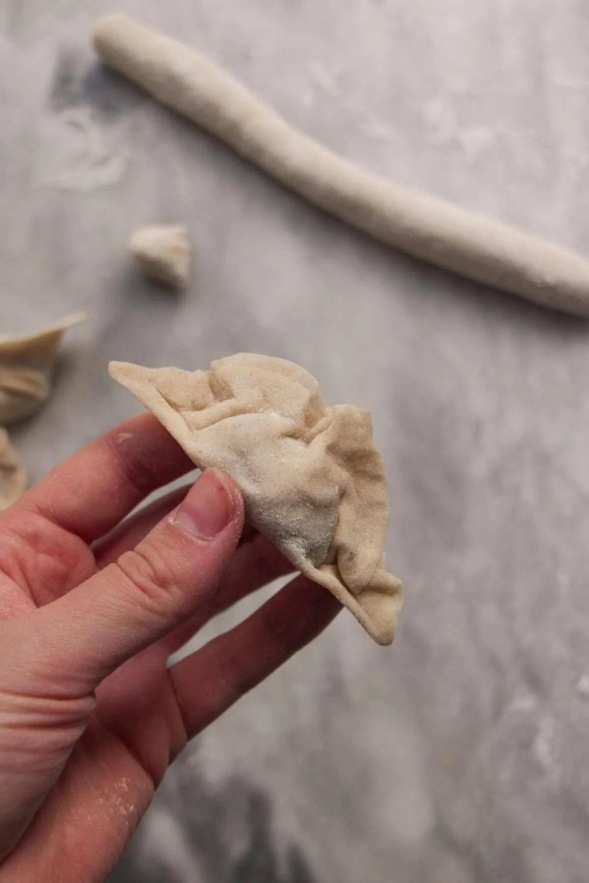 Hand holding folded dumpling, side view.