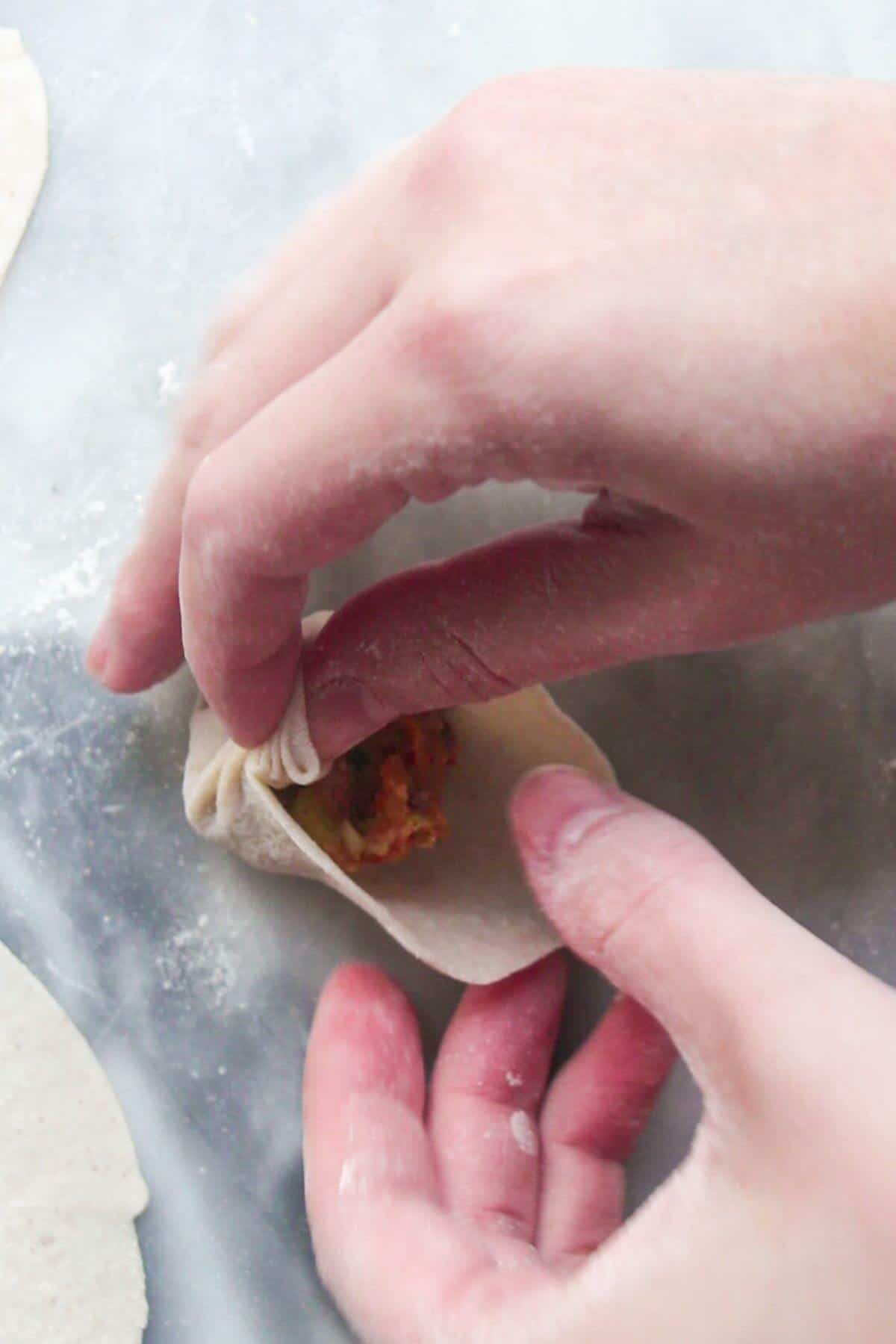 Hands folding a dumpling.