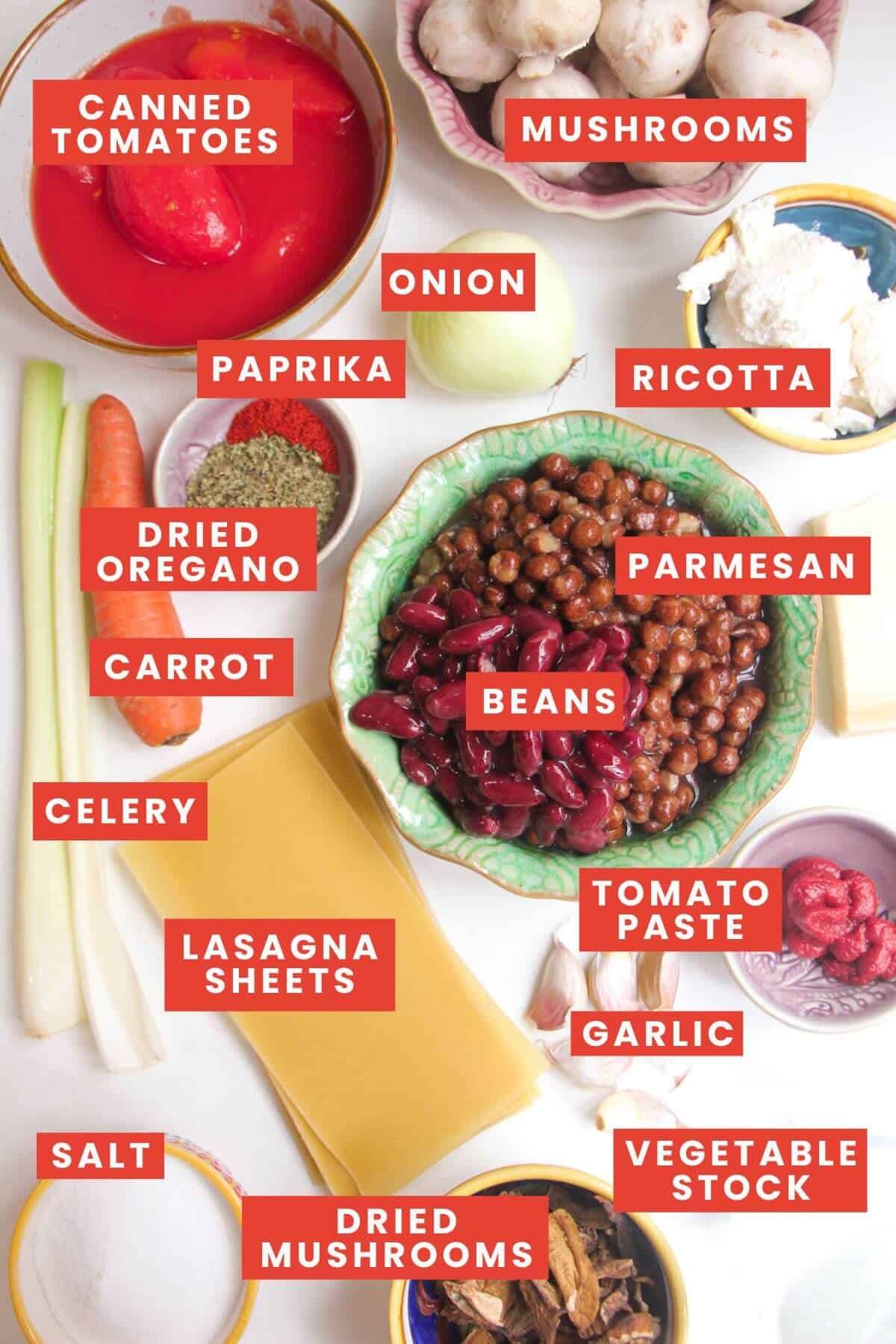 Ingredients for vegetarian lasagna soup laid out and labelled.