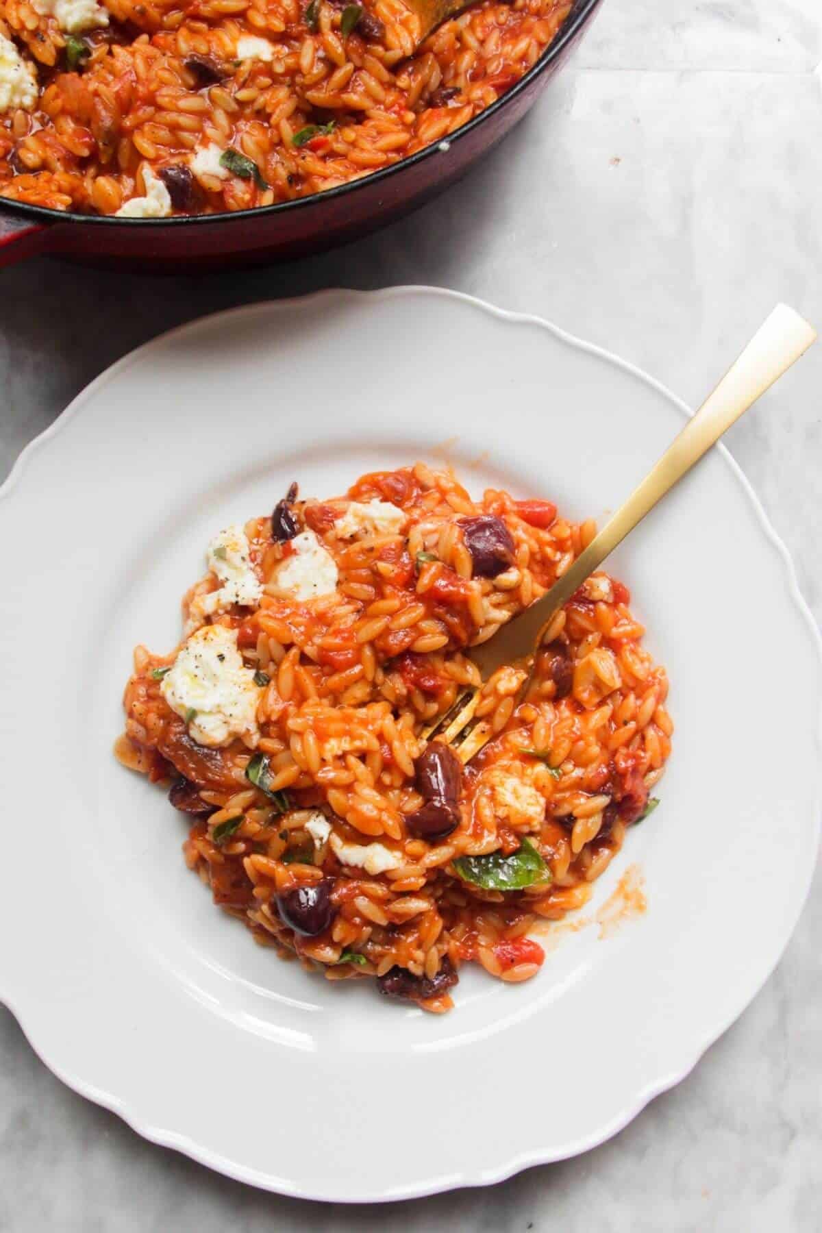 Tomato orzotto on a white plate with pan of more orzo in the background.