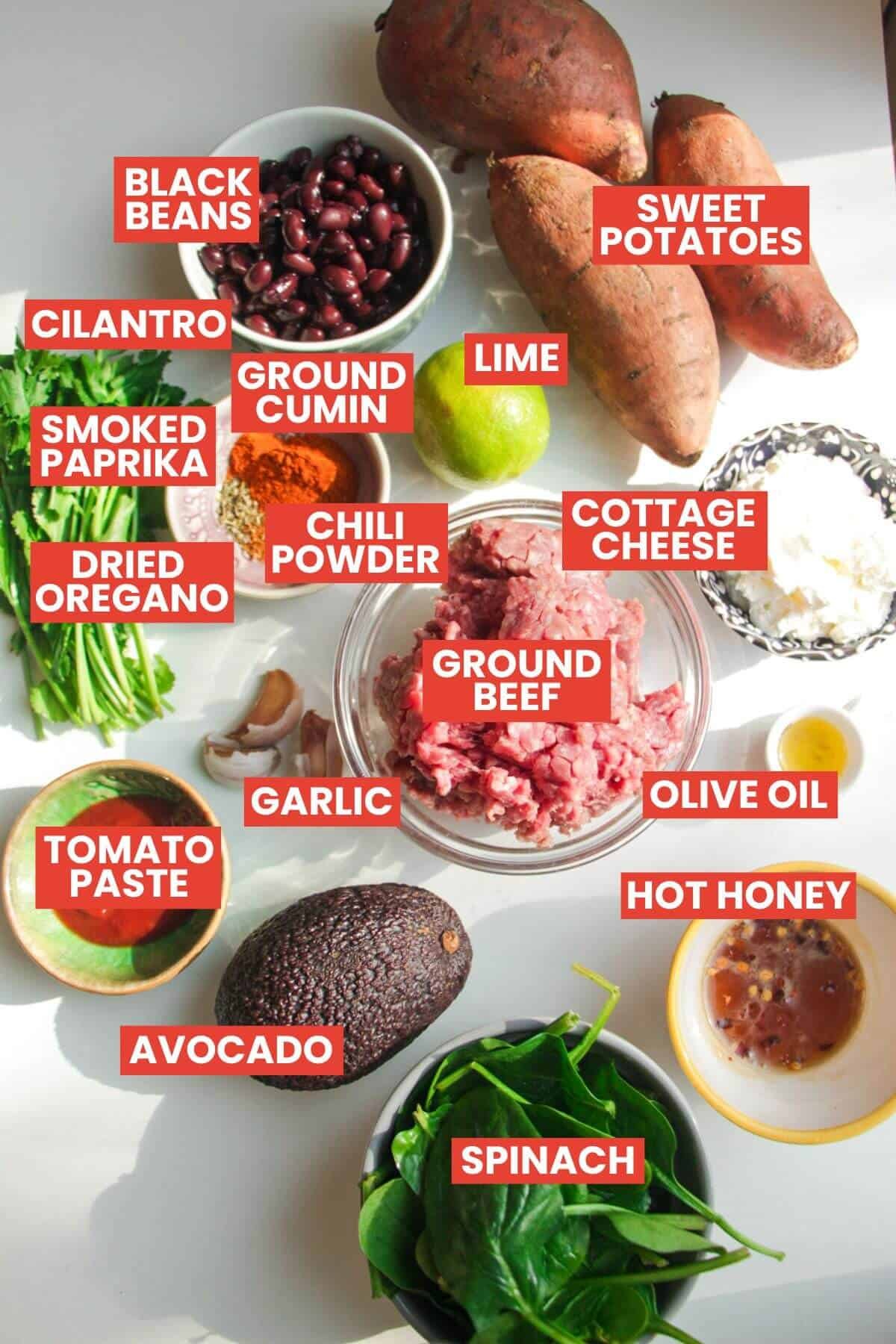 Ingredients for protein beef bowls laid out and labelled.