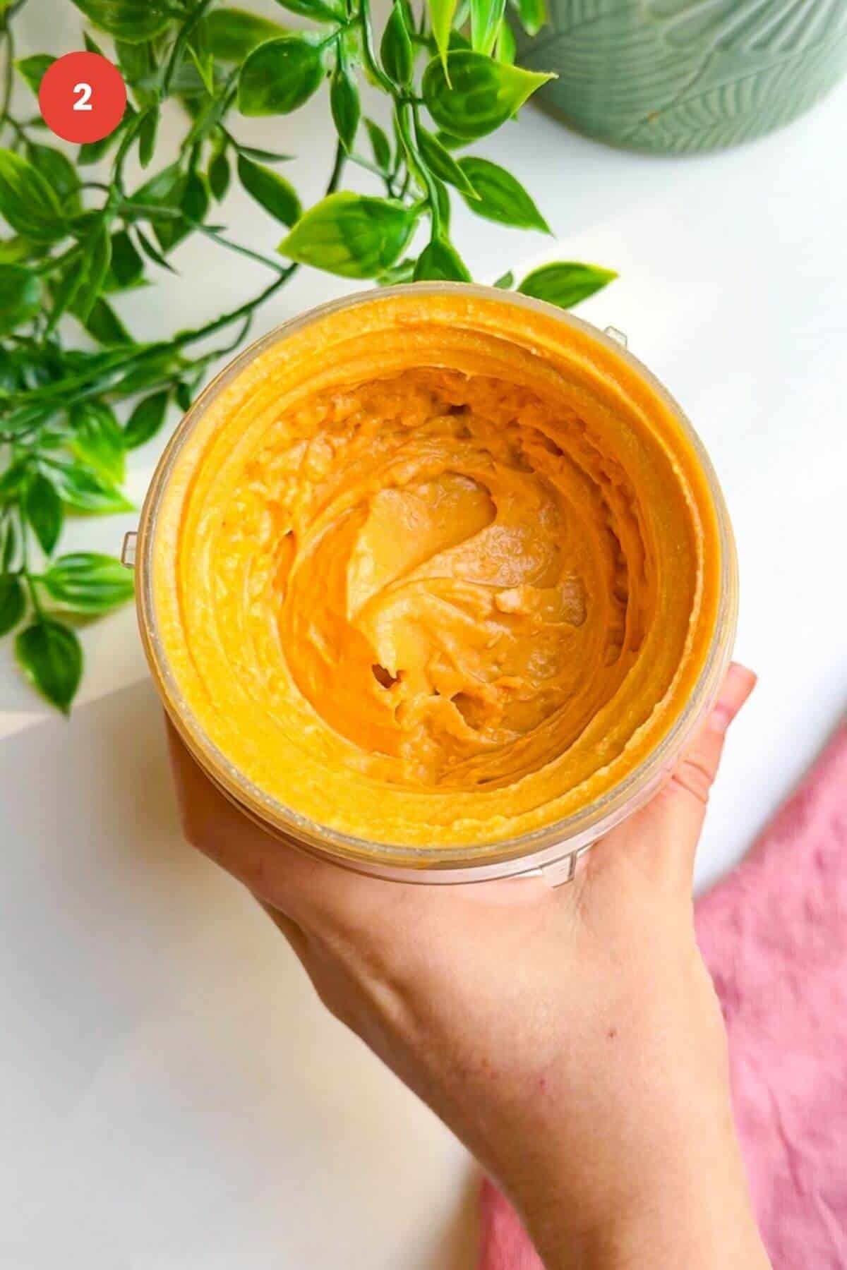 Blended butternut squash feta dip in blender.
