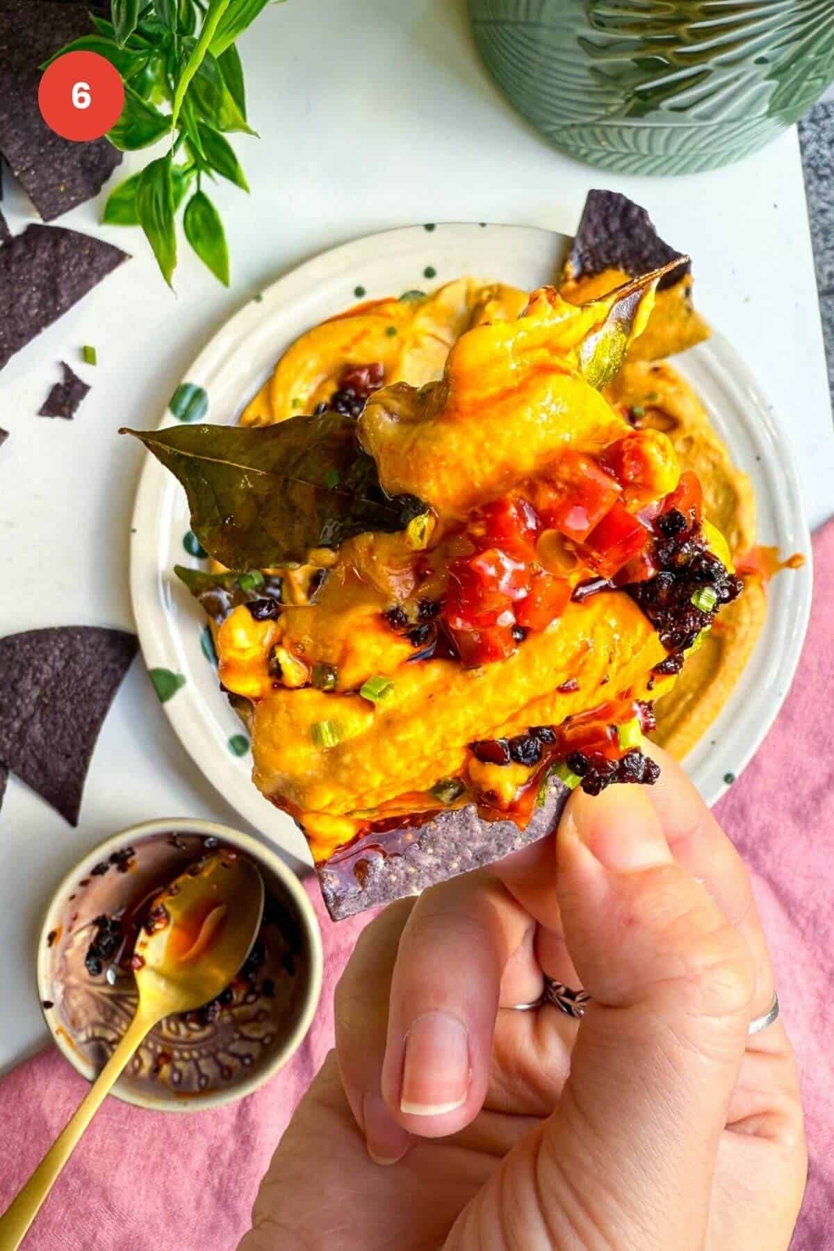 Holding tortilla chip with butternut squash feta dip on it.