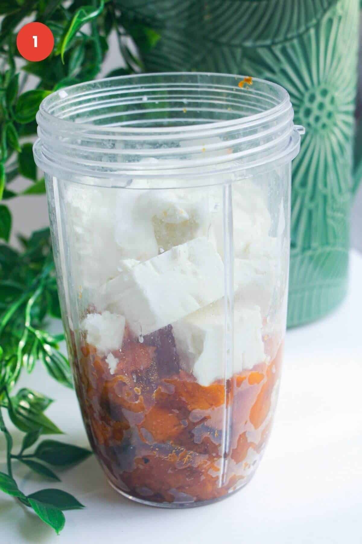 Feta, butternut squash and yogurt in a blender.