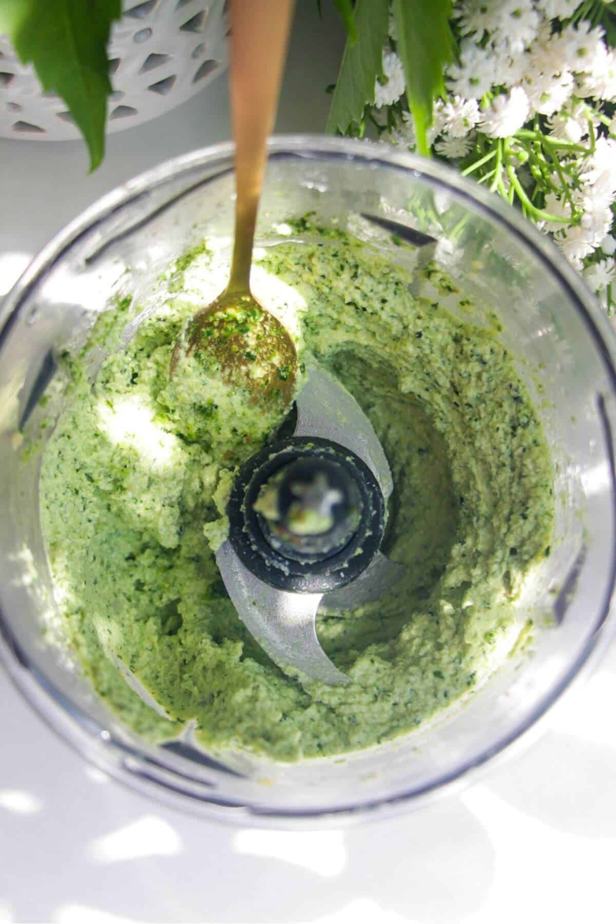 Pesto feta dip blitzed in a small food chopper.