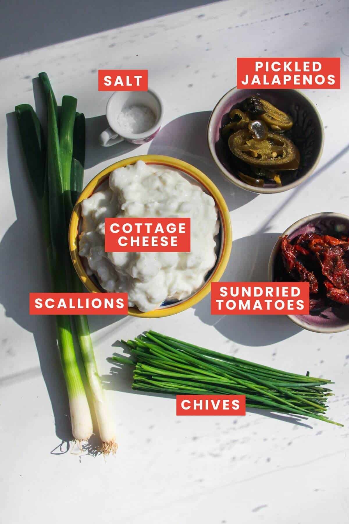 Ingredients for cottage cheese dip laid out and labelled.