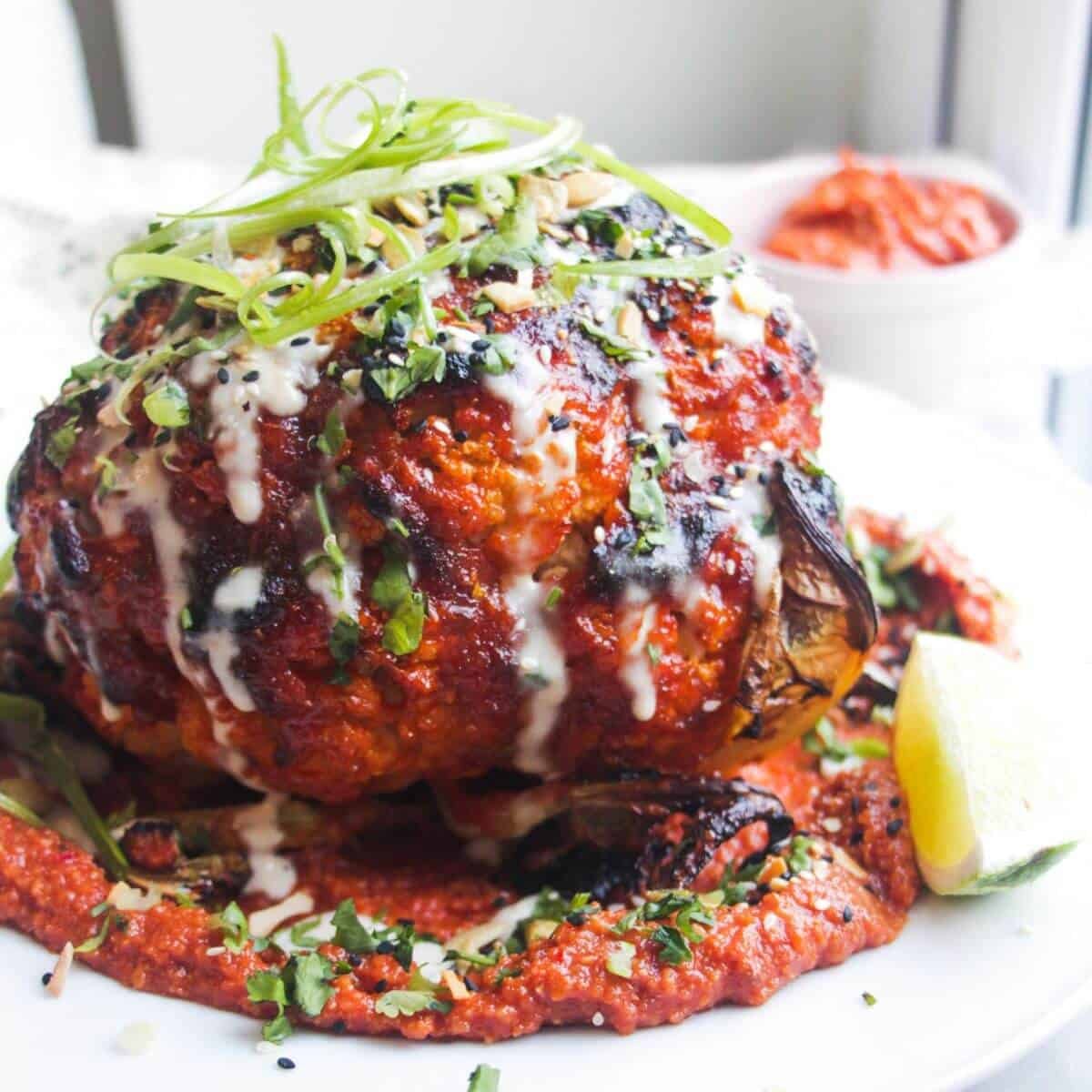 Whole Roasted Cauliflower with Miso and Tomato Pesto