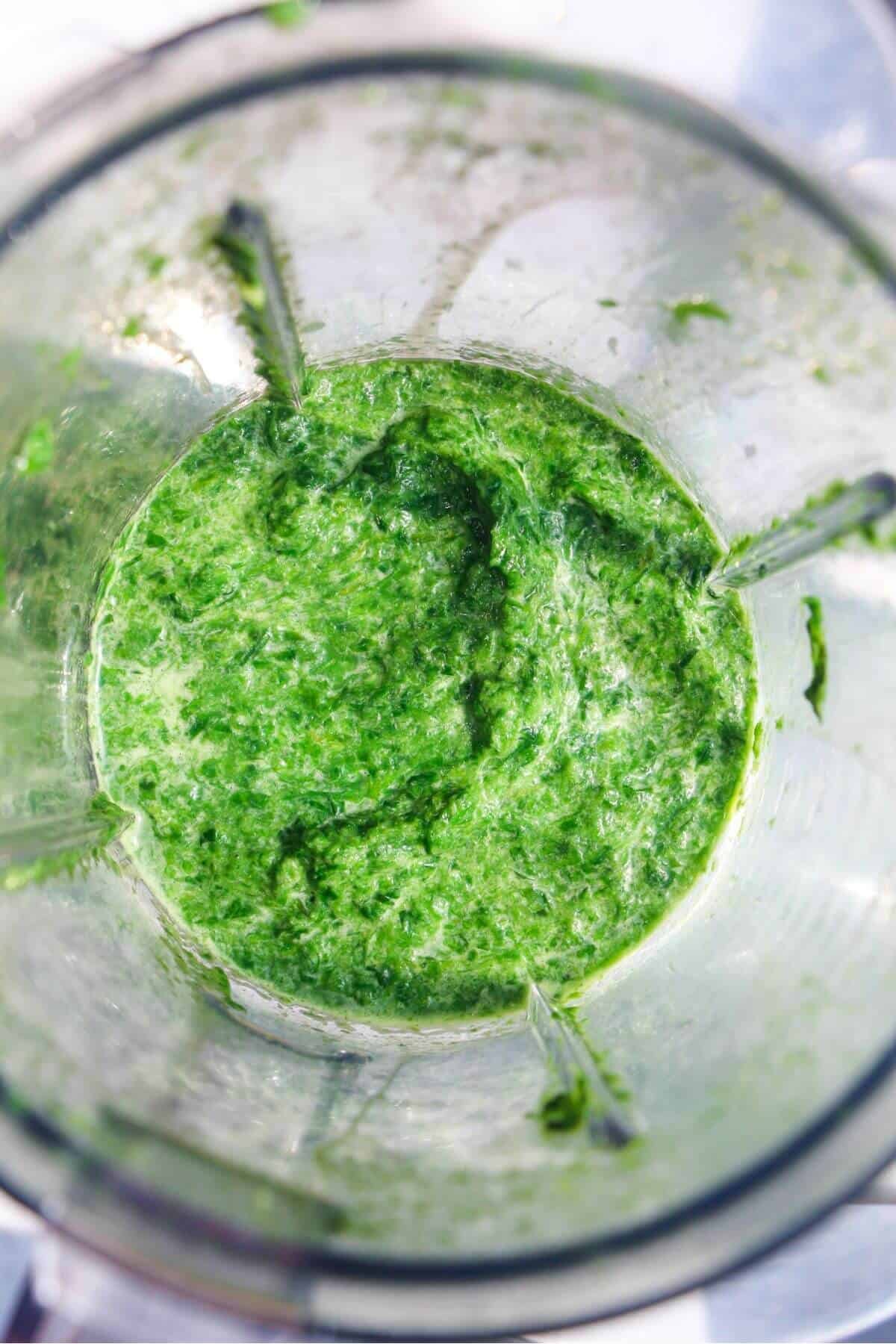 Blended wild garlic puree in a blender.