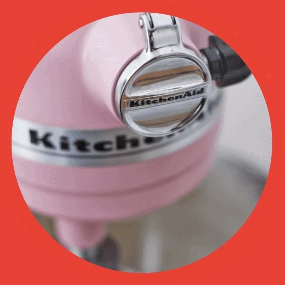 Close up of a baby pink Kitchen Aid.