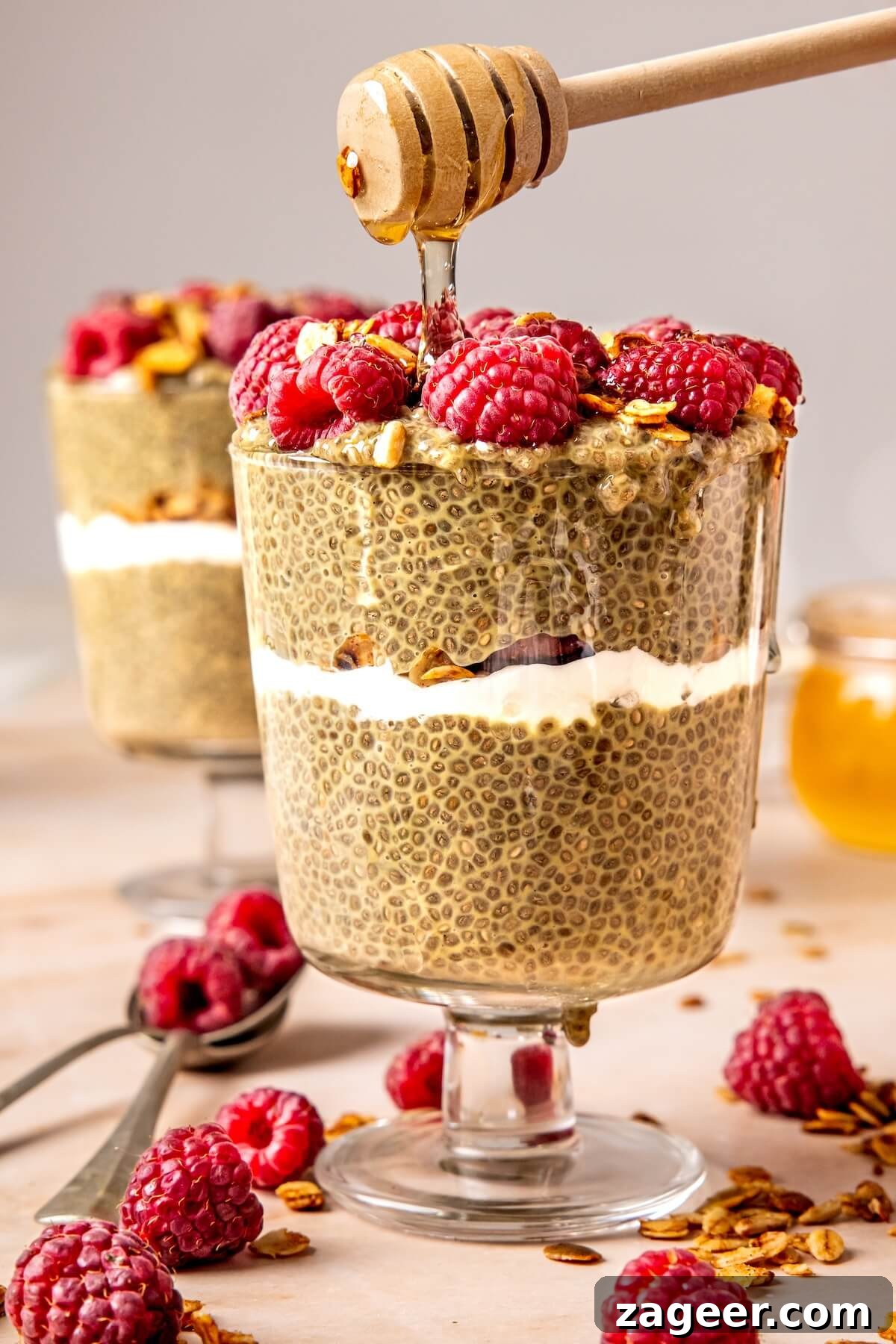 Matcha Chia Seed Pudding setting in a jar - Olivia Adriance