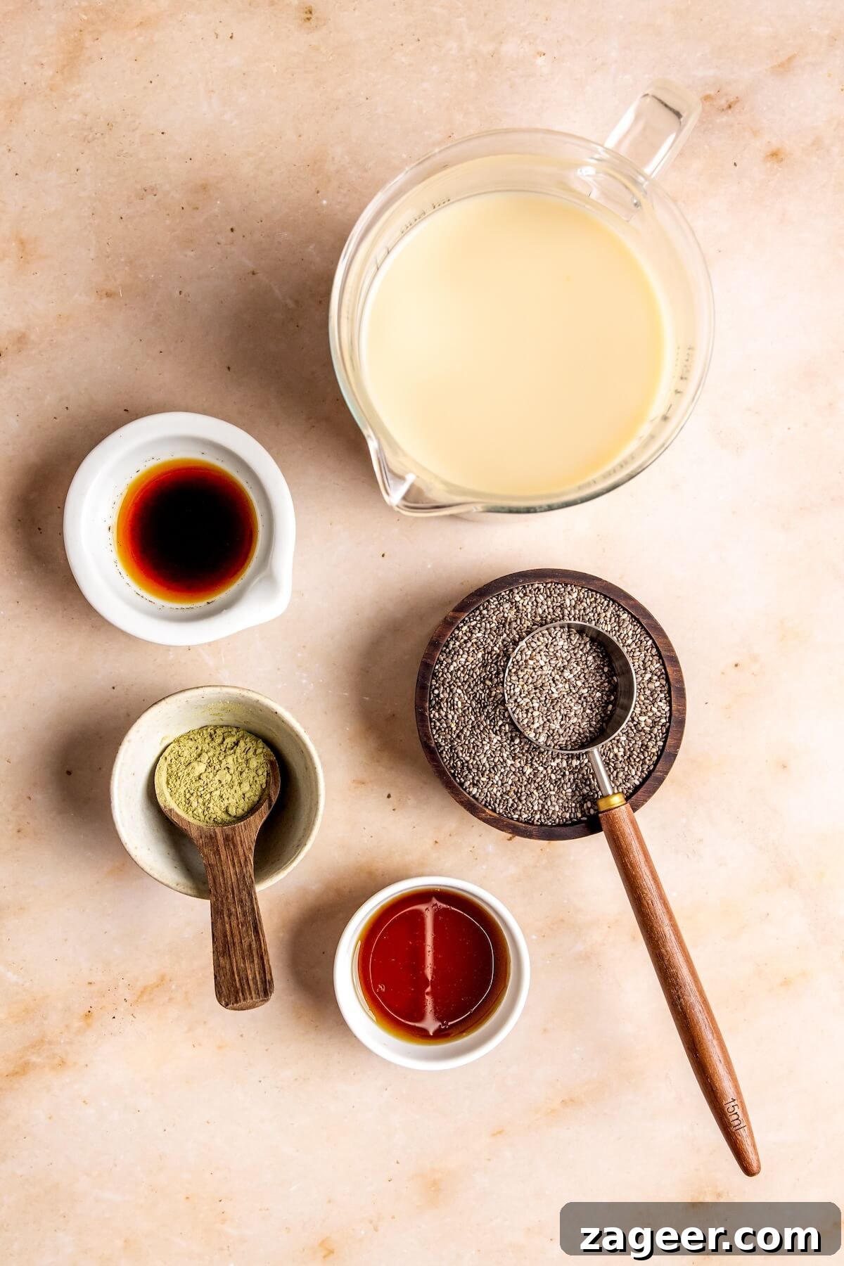 Ingredients for Matcha Chia Seed Pudding laid out - Olivia Adriance
