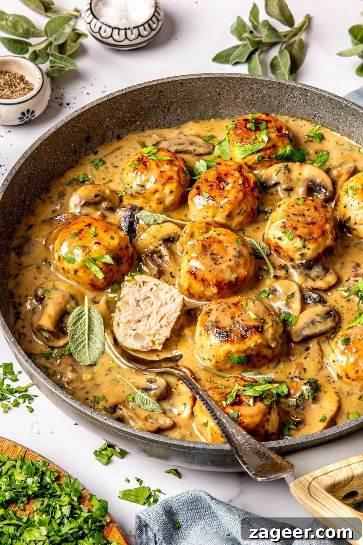 Flavorful Turkey Meatballs in Creamy Mushroom Sage Sauce