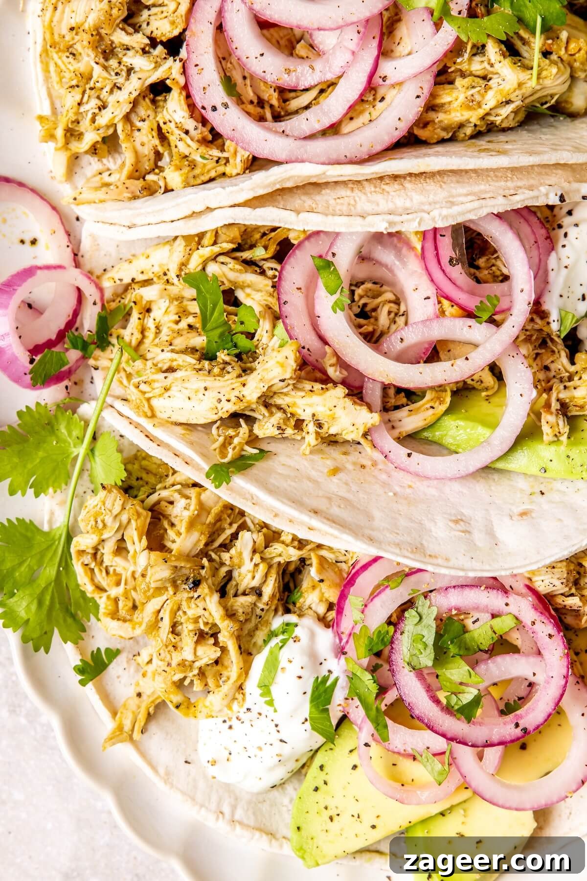 Zesty Slow Cooker Salsa Verde Chicken Tacos 4 Overhead view of Slow Cooker Salsa Verde Chicken Tacos