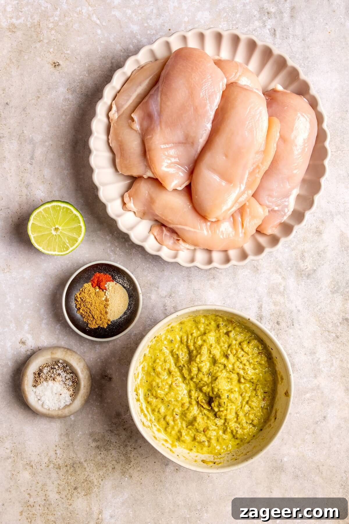 Zesty Slow Cooker Salsa Verde Chicken Tacos 6 Ingredients laid out for Slow Cooker Salsa Verde Chicken Tacos