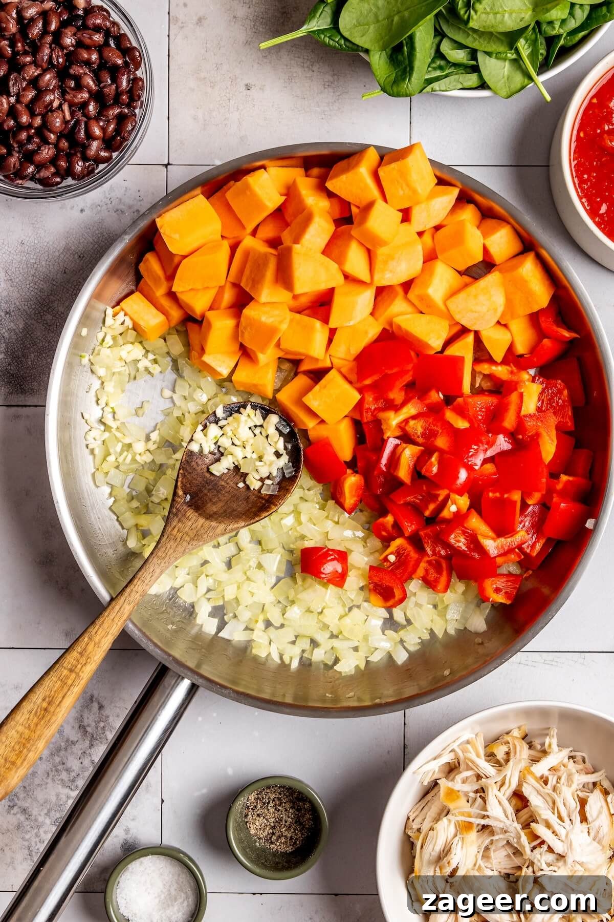 Fiesta Chicken Enchilada Skillet 10 Adding sweet potatoes and bell peppers