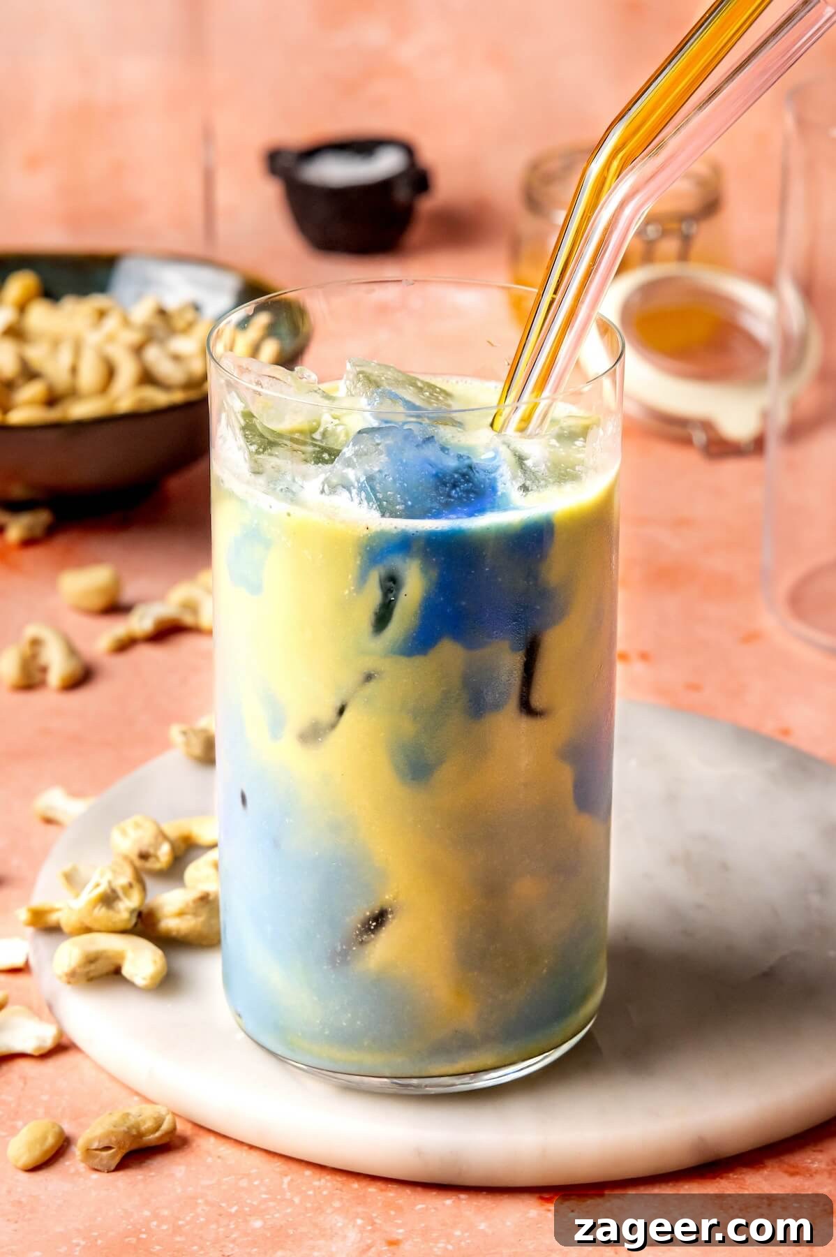 Verdant Matcha Elixir 3 Close-up of the beautiful layers in a Blue Spirulina Iced Matcha Latte