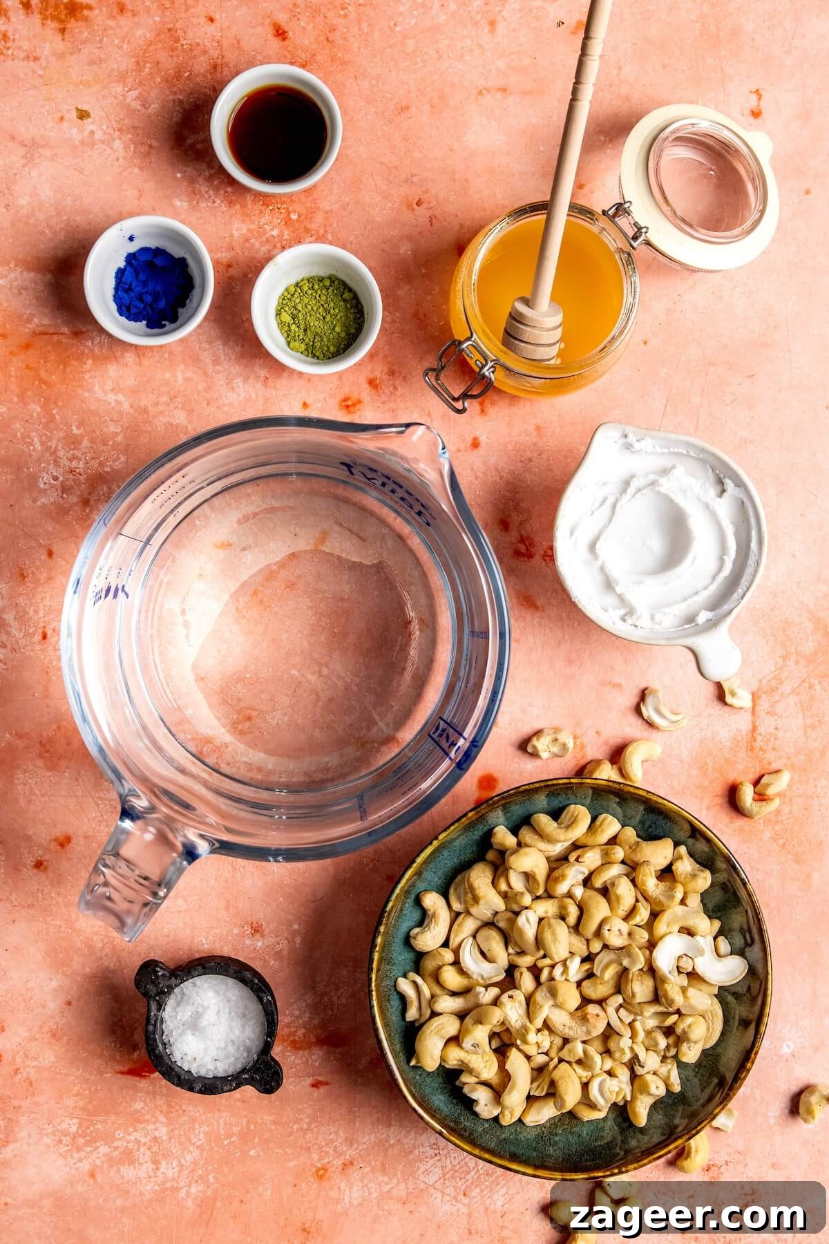 Verdant Matcha Elixir 6 Individual ingredients for Blue Spirulina Iced Matcha Latte and Homemade Cashew Milk
