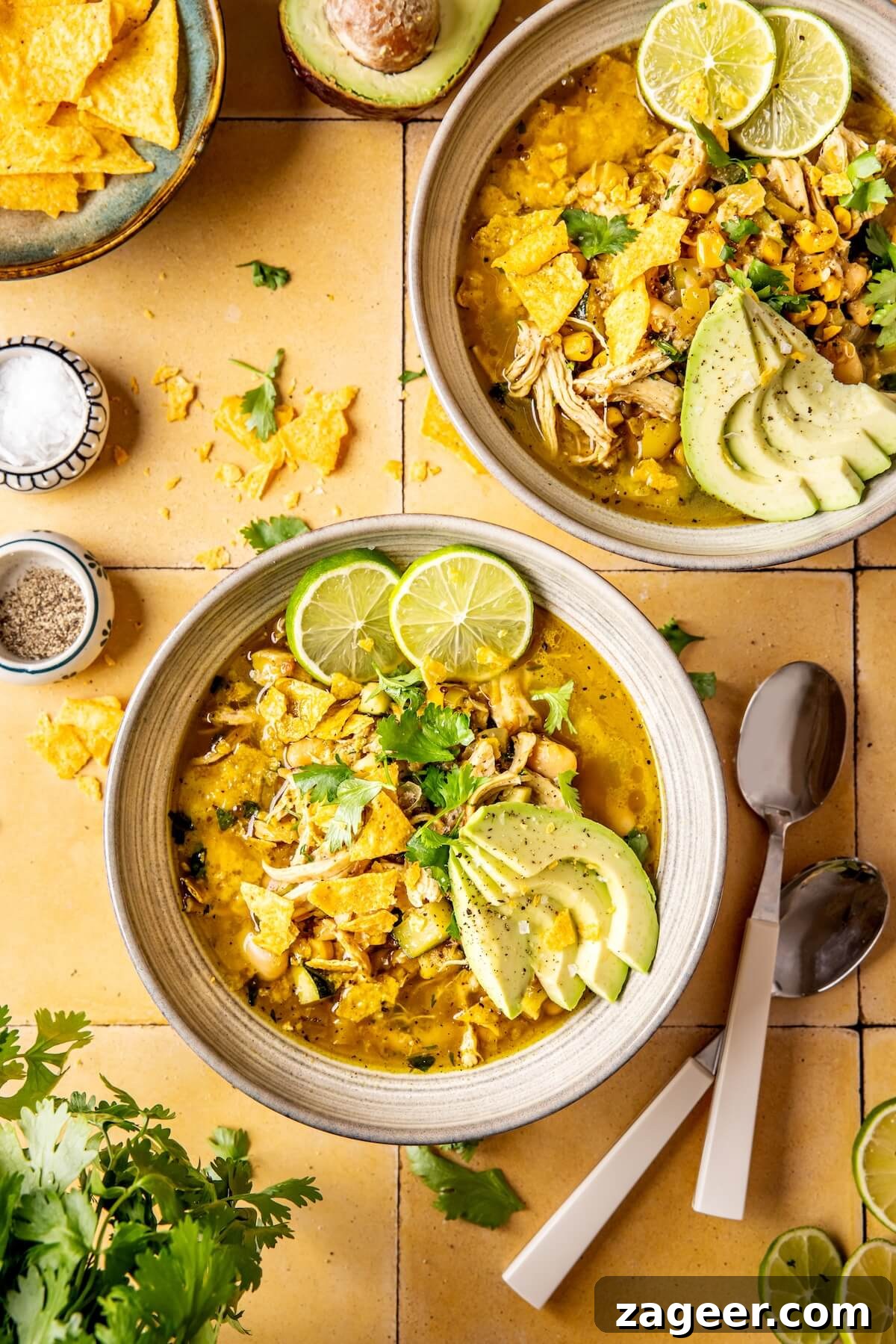 Vibrant Chicken Chili Verde 2 Delicious Loaded Veggie Salsa Verde Chicken Chili in a bowl, ready to eat.