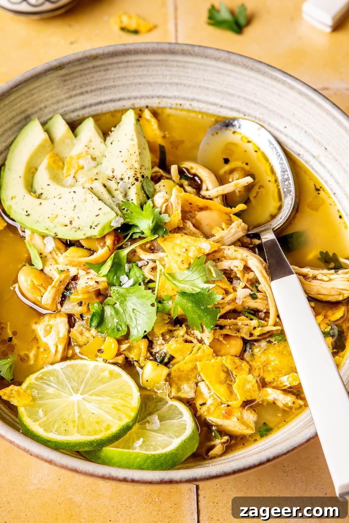 Vibrant Chicken Chili Verde 3 Close-up of the Loaded Veggie Salsa Verde Chicken Chili, showing the rich texture and vegetables.