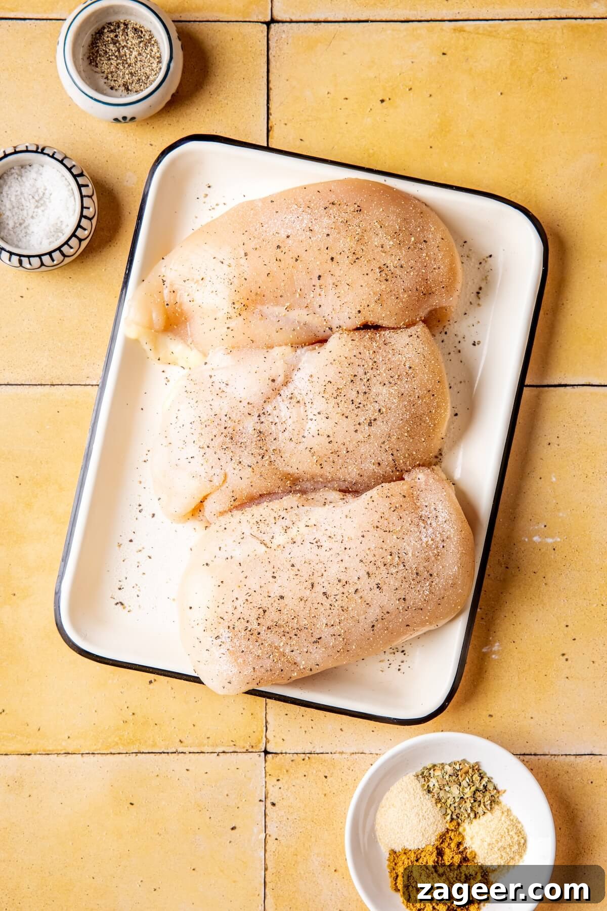 Vibrant Chicken Chili Verde 6 Seasoning chicken breasts with spices for chili.