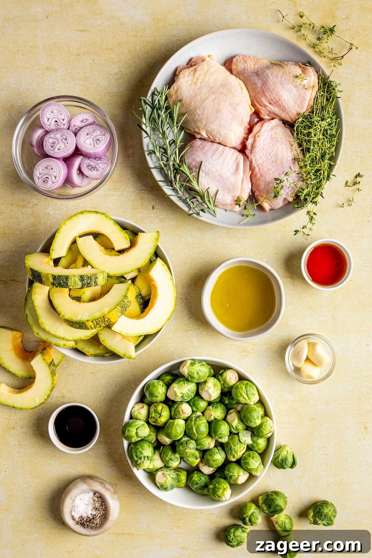 One-Pan Fall Chicken Feast 6 Ingredients laid out for Sheet Pan Harvest Chicken and Roasted Veggies