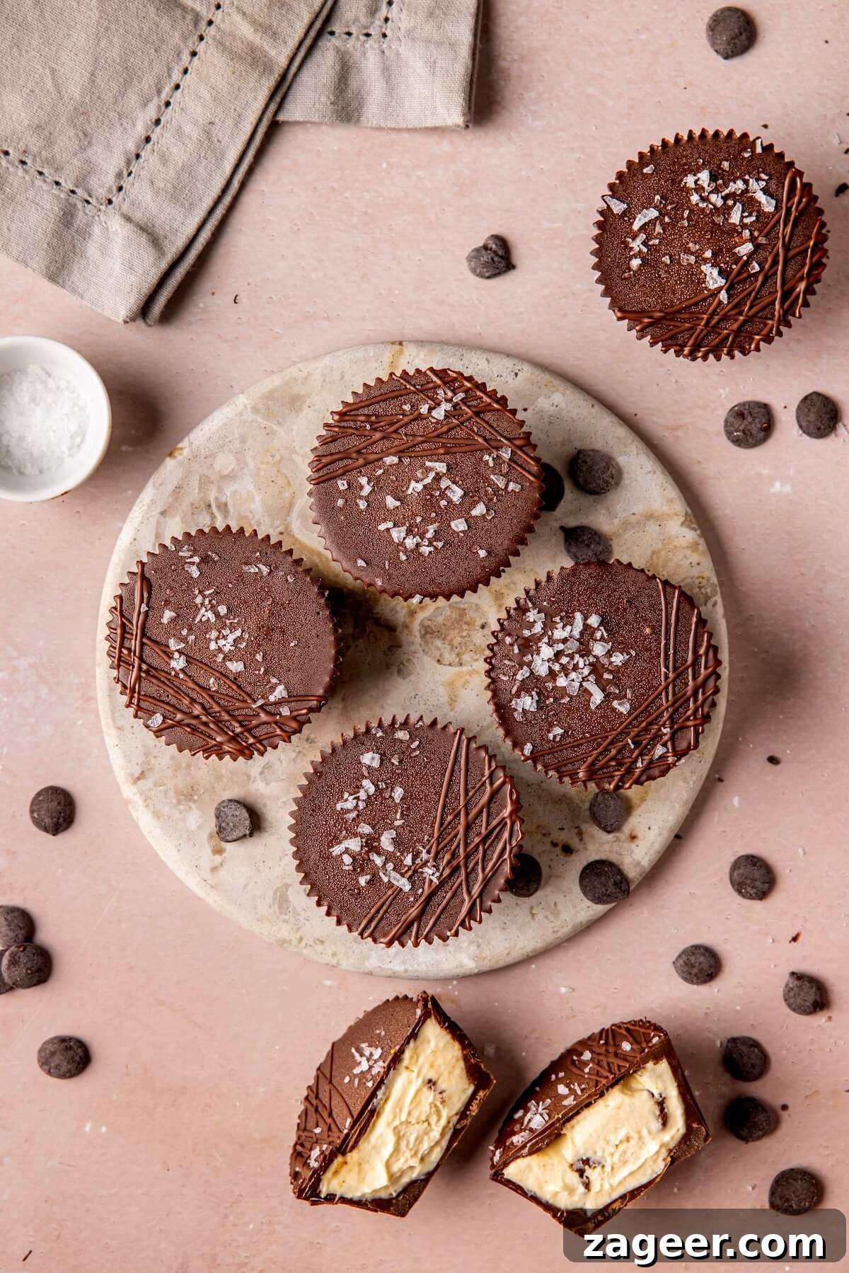 A finished Cookie Dough Protein Yogurt Cup, drizzled with extra chocolate and sea salt.