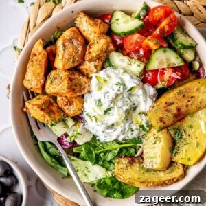 Featured image for Loaded Greek Chicken Bowl with Dairy-Free Tzatziki recipe.