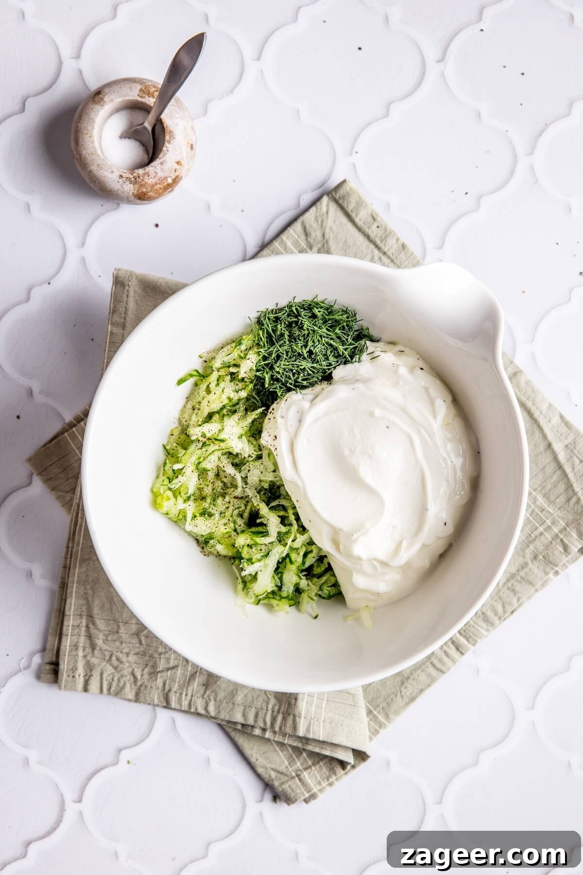 Ultimate Greek Chicken Bowl with Zesty Dairy-Free Tzatziki 10 Step 3: Dairy-free tzatziki ingredients mixed in a bowl, showing its creamy texture.