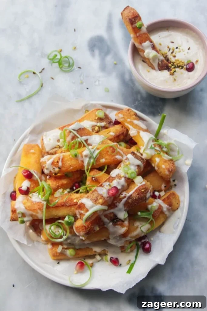 Sticky Beef Fatteh Middle Eastern Layered Nachos 9 A tempting pile of crispy baked halloumi fries on a white plate, beautifully garnished with vibrant pomegranate seeds, fresh spring onion, and a delicate drizzle of tahini sauce.
