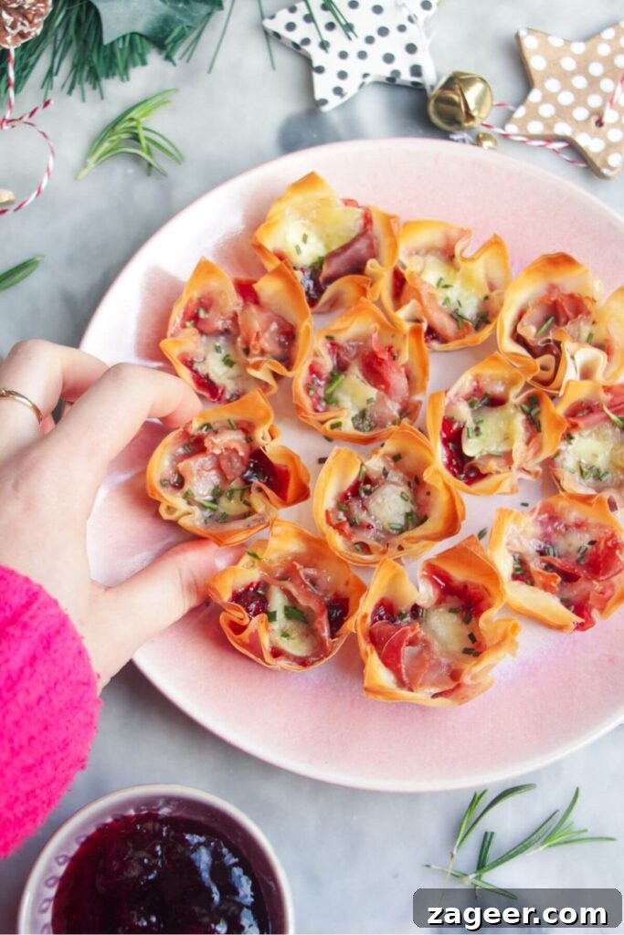 Effortless Brie, Cranberry, and Prosciutto Filo Parcels 8 Freshly baked Brie, Cranberry, and Prosciutto Filo Bites garnished with vibrant chopped rosemary, arranged appealingly on a small pink serving plate.