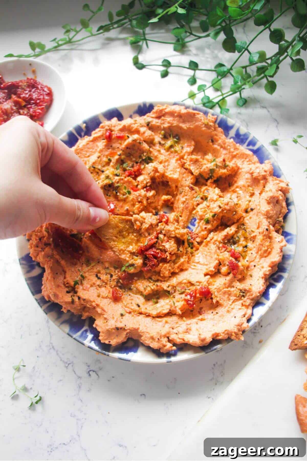 Instant Sun-Kissed Feta Dip 2 Hand dipping pita chip in sundried tomato feta dip on a small blue and white plate. A vibrant, creamy dip invitingly presented for tasting.