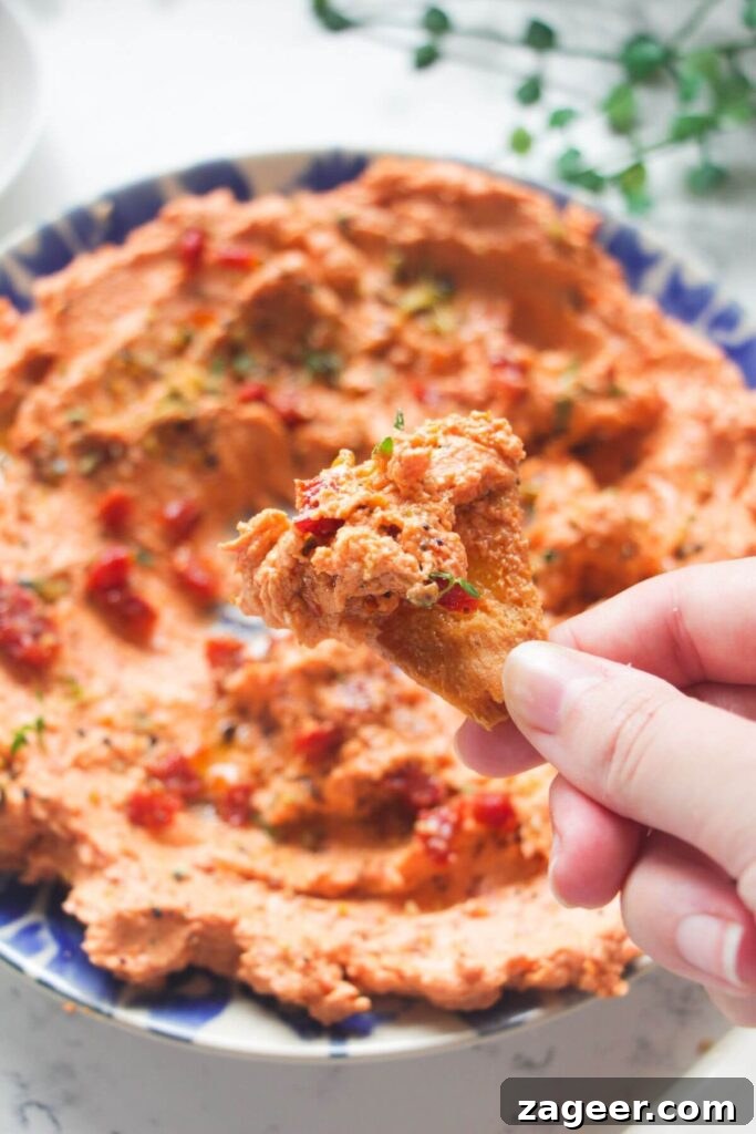 Instant Sun-Kissed Feta Dip 9 Hand holding a pita chip with sundried tomato feta dip on it, showcasing a perfect bite.