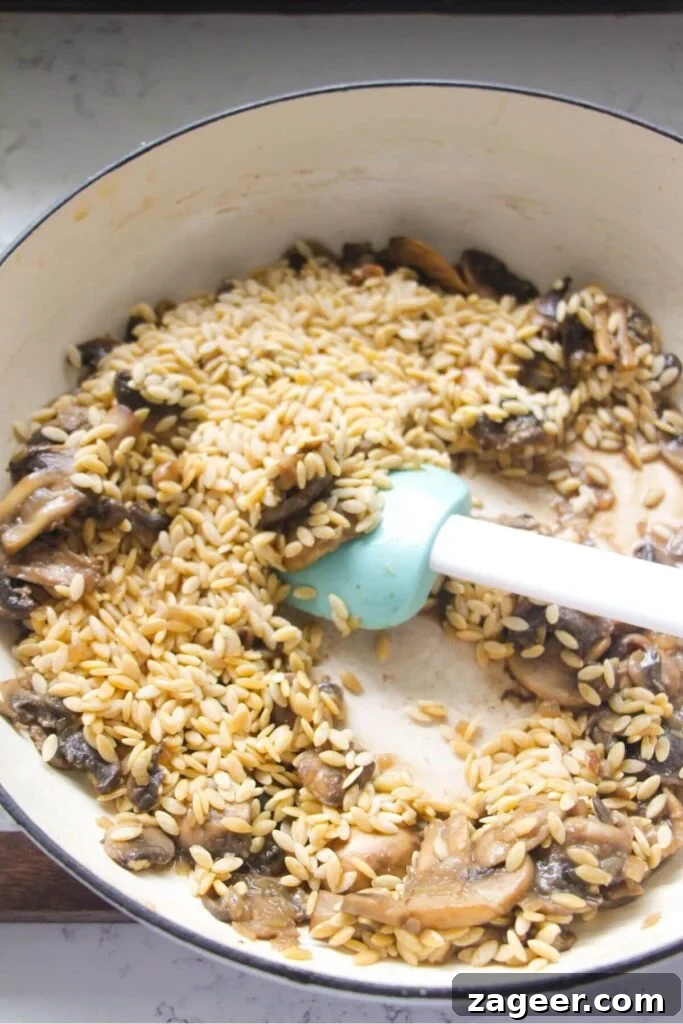 Velvety One-Pot Mushroom Orzo 6 Orzo being stirred through mushrooms in a large white skillet.