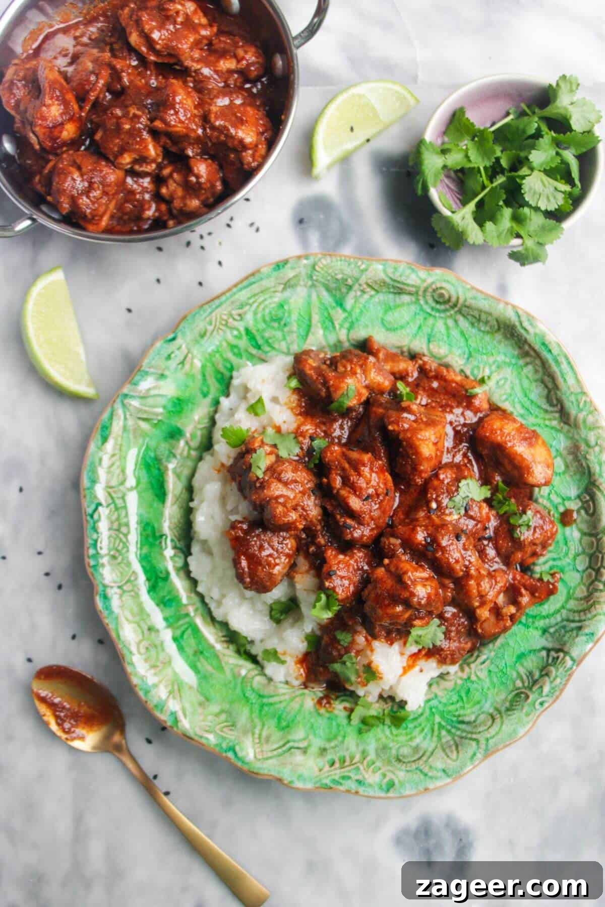 Speedy Chicken Rogan Josh 2 A vibrant plate of Chicken Rogan Josh served on a bed of fluffy white rice, garnished with fresh cilantro. A small silver dish holds more curry on the side, inviting you to indulge in this rich Indian dish.