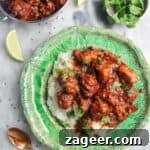Speedy Chicken Rogan Josh 14 A plate of Chicken Rogan Josh served on white rice with more curry in a small silver dish on the side.
