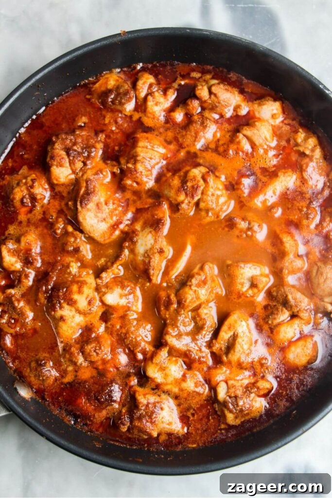 Speedy Chicken Rogan Josh 6 Chicken and spices coated in tomato passata and stock, just starting to simmer in a small frying pan.