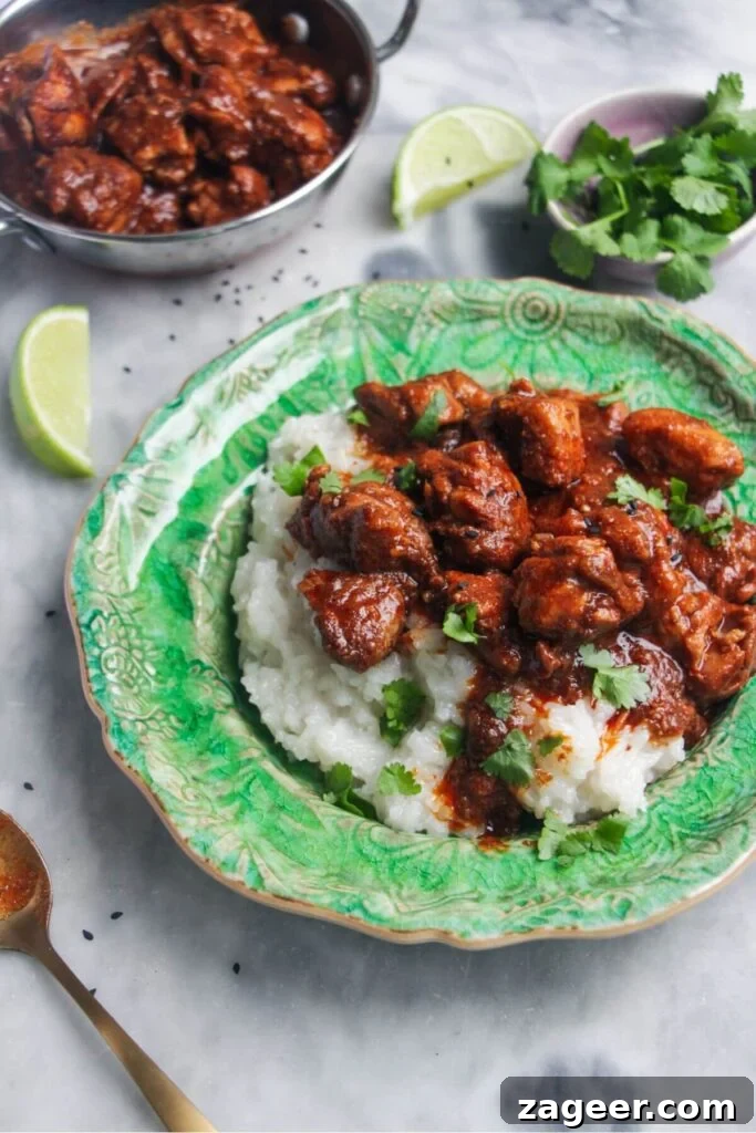 Speedy Chicken Rogan Josh 9 A close-up view of Chicken Rogan Josh served over rice on a small green plate, highlighting the delicious texture and vibrant colors.