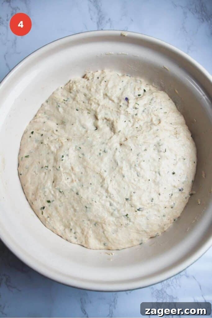 Artisan Style Rosemary Parmesan Bread Done Easy 7 Risen rosemary parmesan bread dough in bowl.