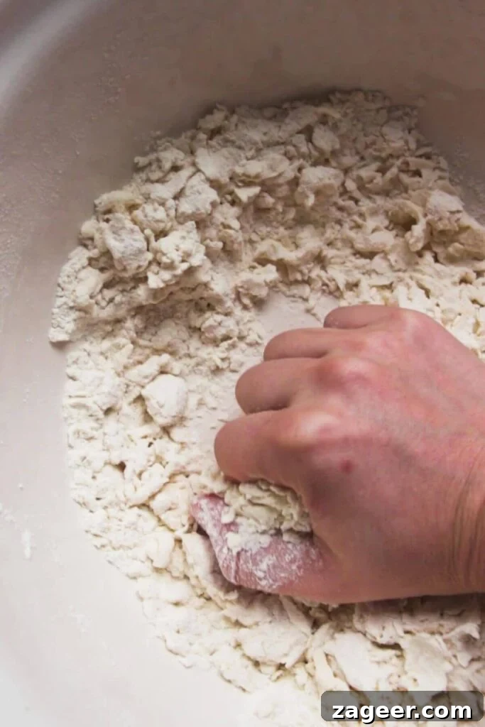Effortless Two Ingredient Cheesy Naan 5 A hand gently kneading the 2-ingredient dough in a large white bowl until it comes together smoothly.